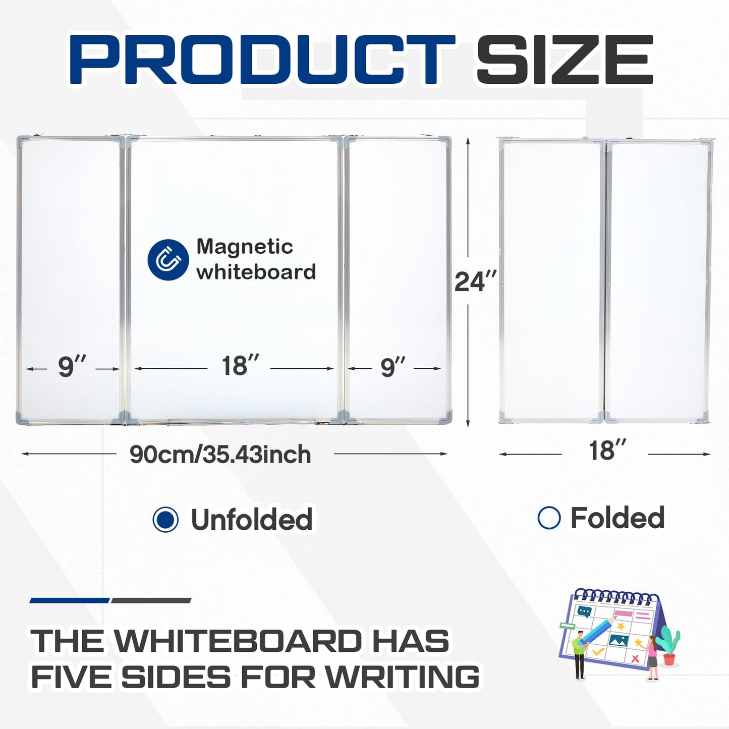 AmazingSpark 36” x 24” Foldable Whiteboard Dry Erase Board Large Tri Folding Whiteboard Magnetic Dry Erase Board, Wall Aluminium Frame and Pen Tray for Office, Home