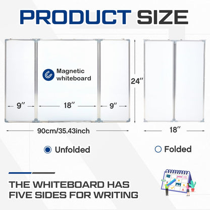 AmazingSpark 36” x 24” Foldable Whiteboard Dry Erase Board Large Tri Folding Whiteboard Magnetic Dry Erase Board, Wall Aluminium Frame and Pen Tray for Office, Home