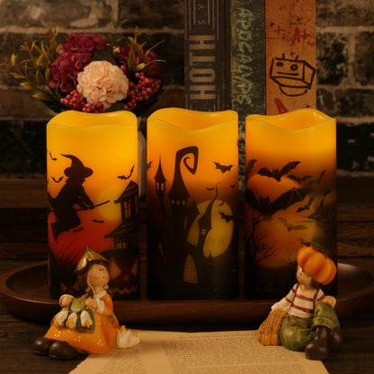 OWLBAY Set of 3 Halloween Flickering Flameless Candles with Remote and Timer, Real Wax Battery Operated LED Pillar Candles Assorted Decals Witch, Bats, Castle for Holiday Decor (D 3" H 6")