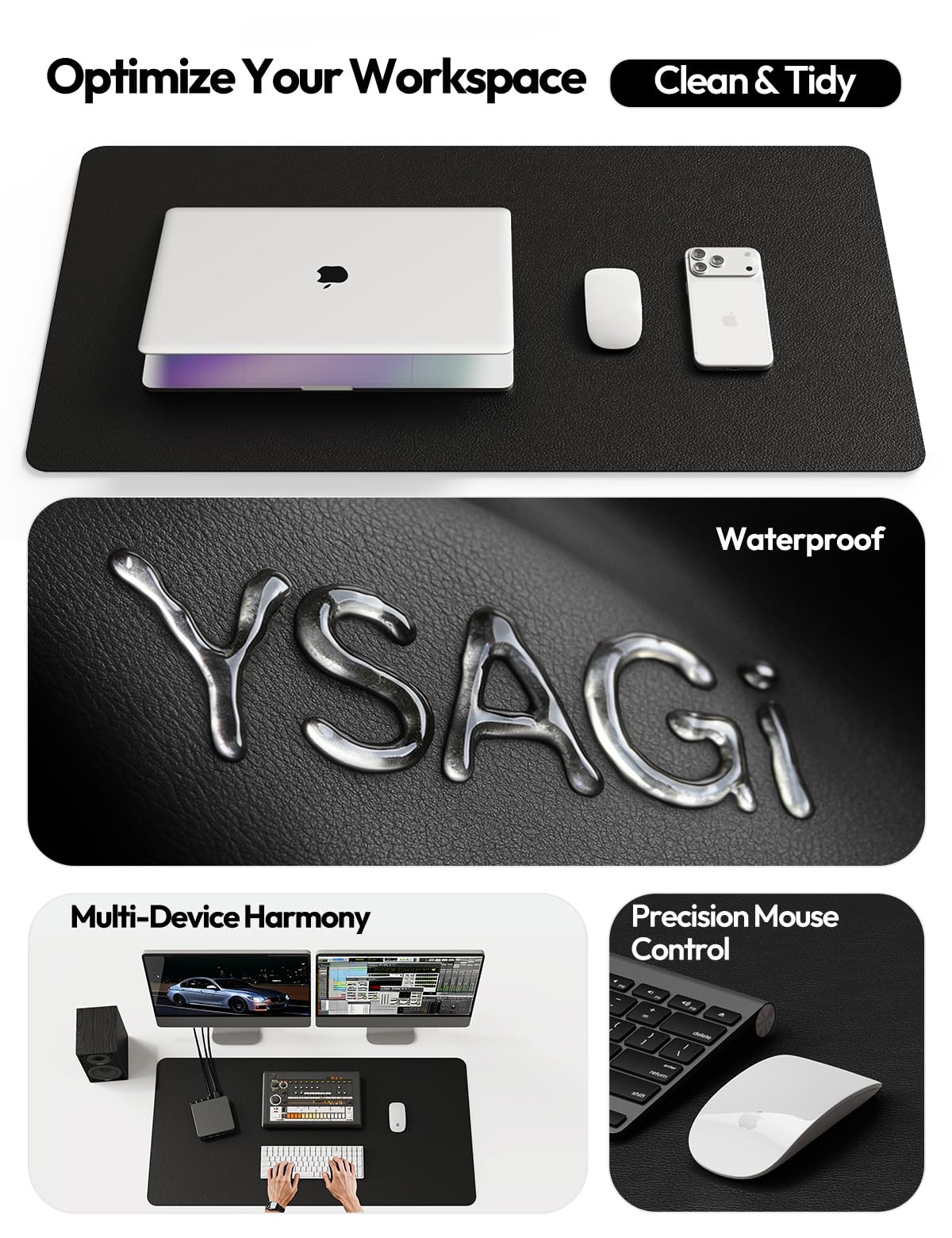YSAGi Leather Desk Protector, Office Mat, Large Mouse Mat, Non-Slip PU Leather Blotter, Laptop Desk Mat, Waterproof Writing Pad for Office and Home (Black, 31.5" x 15.8")