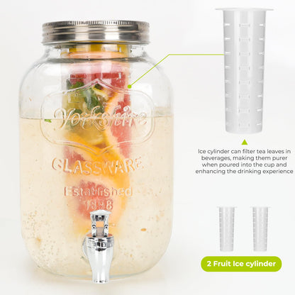 DHSBTLS 1 Gallon Glass Drink Dispensers, 2 Pack Clear Beverage Dispenser for Party, BBQ and Picnic, Juice Dispenser with Ice Core, Black Stand, Spigot, Markers and Chalkboard