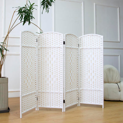 Furnnylane 4 Panel Rattan Divider Short Room Partition Screen,Double Sided Folding Divider for Room Separation,White,47.2" H x 63" W