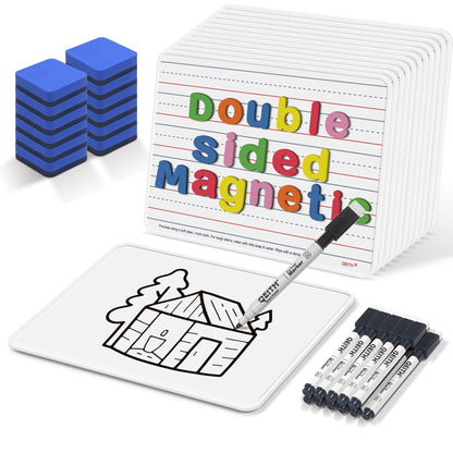 Dry Erase Boards, 12 Pack 9”x12” Magnetic Double Sided Portable Personal Small Whiteboards with Lines, Include 12 Markers, 12 Erasers, 12X52 Foam Letters for Kids, Students, Teachers Classroom School