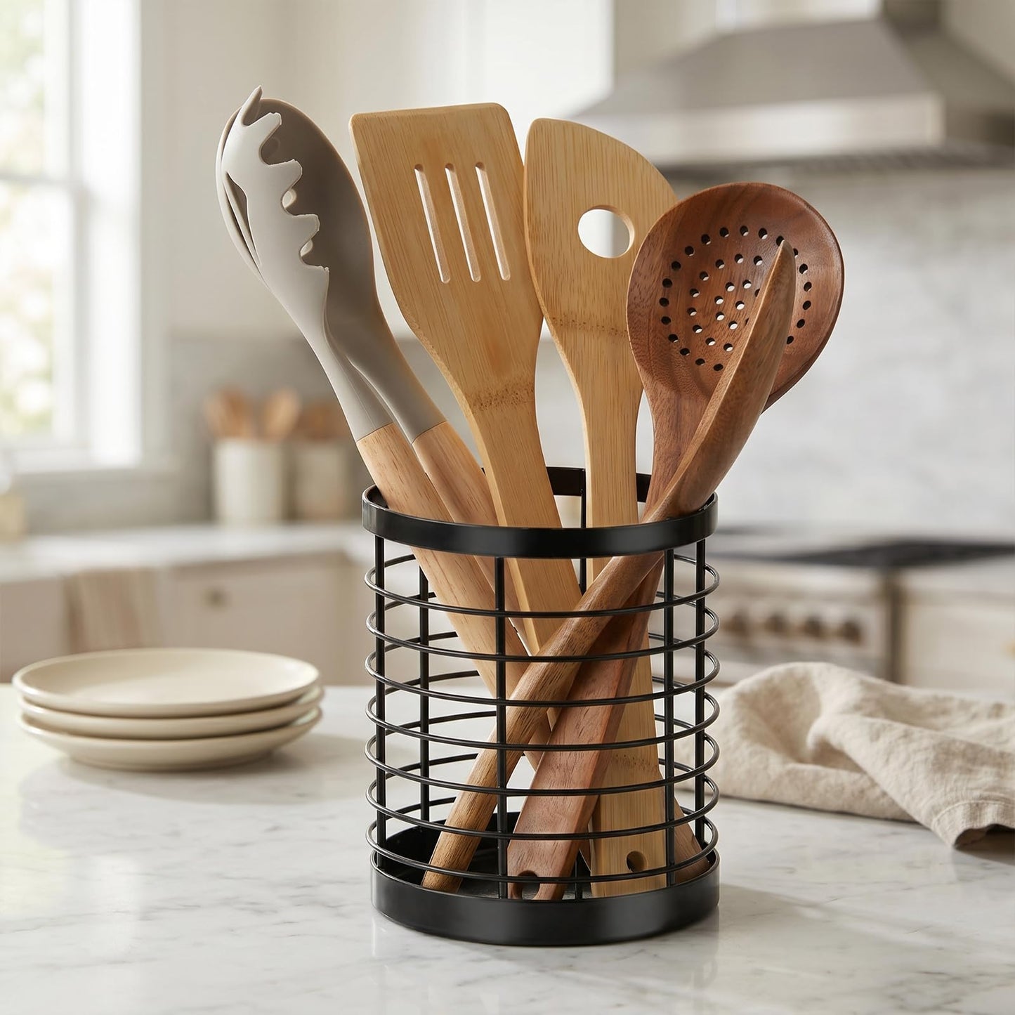 IWNTWY Utensil Holder for Kitchen Counter, Stainless Steel Utensil Crock for Cooking Tools, Spatula, Silverware Forks, Knives, Spoons Countertop Organizer
