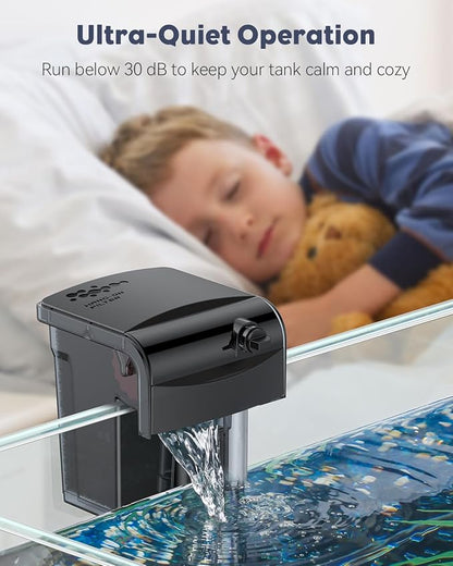 Pawfly 3 W Aquarium Filter, 1-3 Gallon Fish Tank Filter, 65 GPH Hang On Back Aquarium Filter with Water Wheel Adjustable Water Pump & Oil Skimmer, Ultra Quiet HOB Filter for Tank Filtration