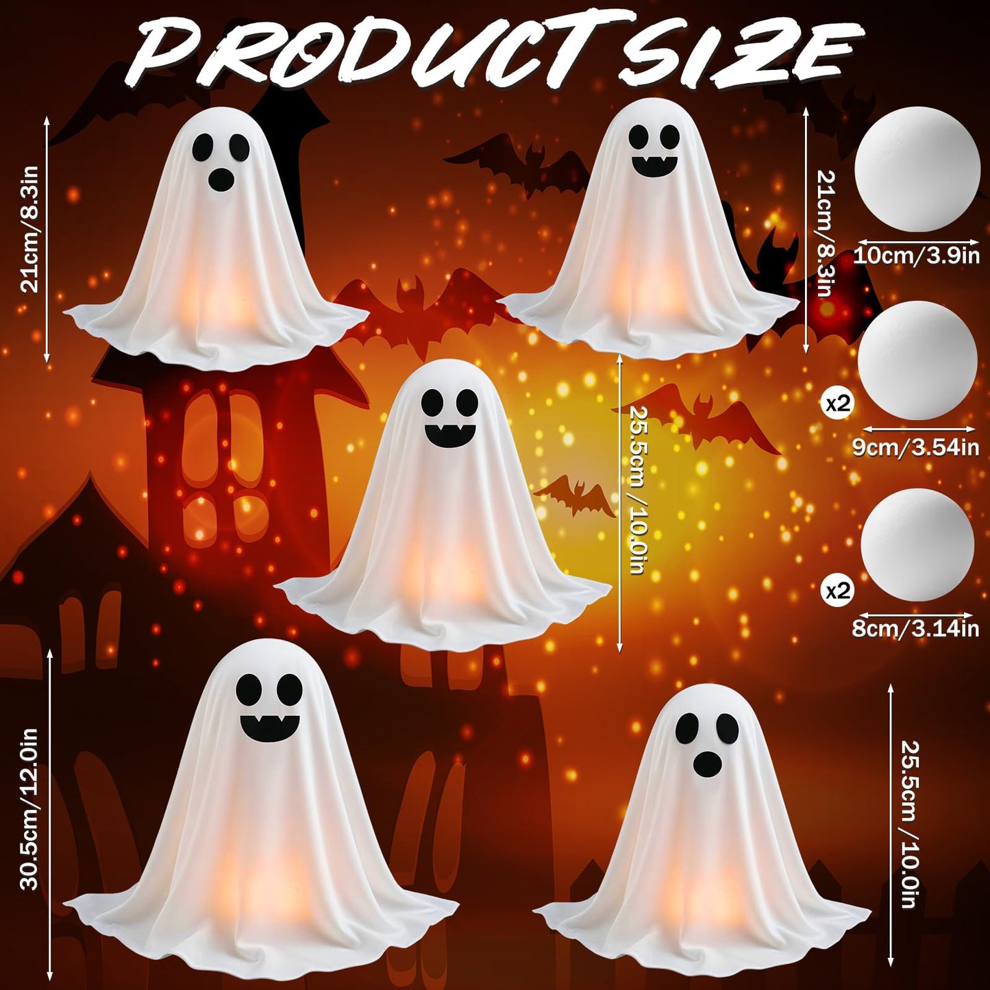 WinnerWhy Set of 5 Halloween Ghost Decoration 14" 11" 9" Ghosts Table Centerpieces with LED Candles with Metal Stand Spooky Halloween Tabletop Crafts for Party Indoor Home Room Kitchen Office, 3 Sizes