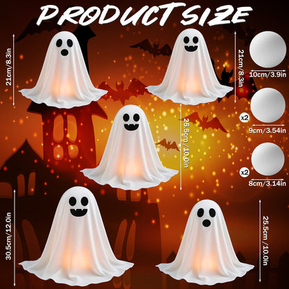 WinnerWhy Set of 5 Halloween Ghost Decoration 14" 11" 9" Ghosts Table Centerpieces with LED Candles with Metal Stand Spooky Halloween Tabletop Crafts for Party Indoor Home Room Kitchen Office, 3 Sizes