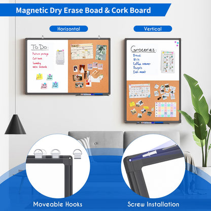 Magnetic White Board and Cork Board Combo, 24 X 18 inches Whiteboard Bulletin Combination Board, Wall Mounted Dry Erase Message Board for Home, School and Office, Black