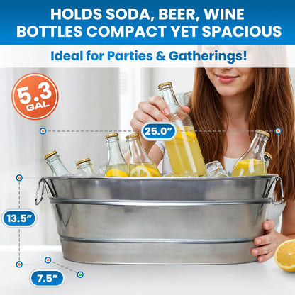 PLEXON Metal Ice Bucket for Parties - Galvanized Tub with Handles - Beverage Tub - Ice Bucket for Cocktail Bar Restaurant - Drink Beer Champagne Chiller Cooler - 5.3 Gallon (20L), Set of 2