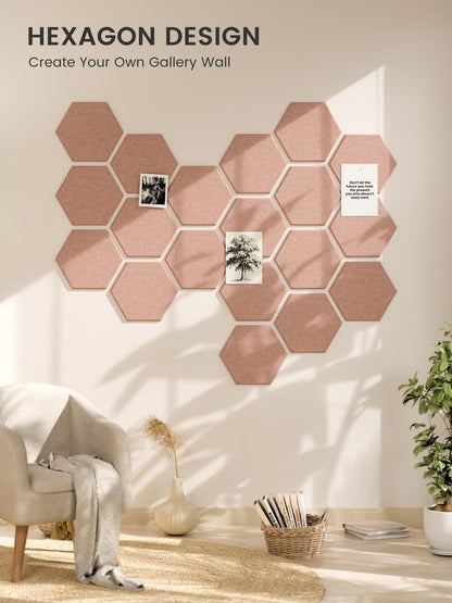 Fluxynara Hexagon Cork Board Alternative for Walls Decor-12-Pack Felt Bulletin Board Tiles,with 30 Pushpins,70 Adhesive Tabs for Office,Classrooms & Home Pin Board Felt Board-Pink