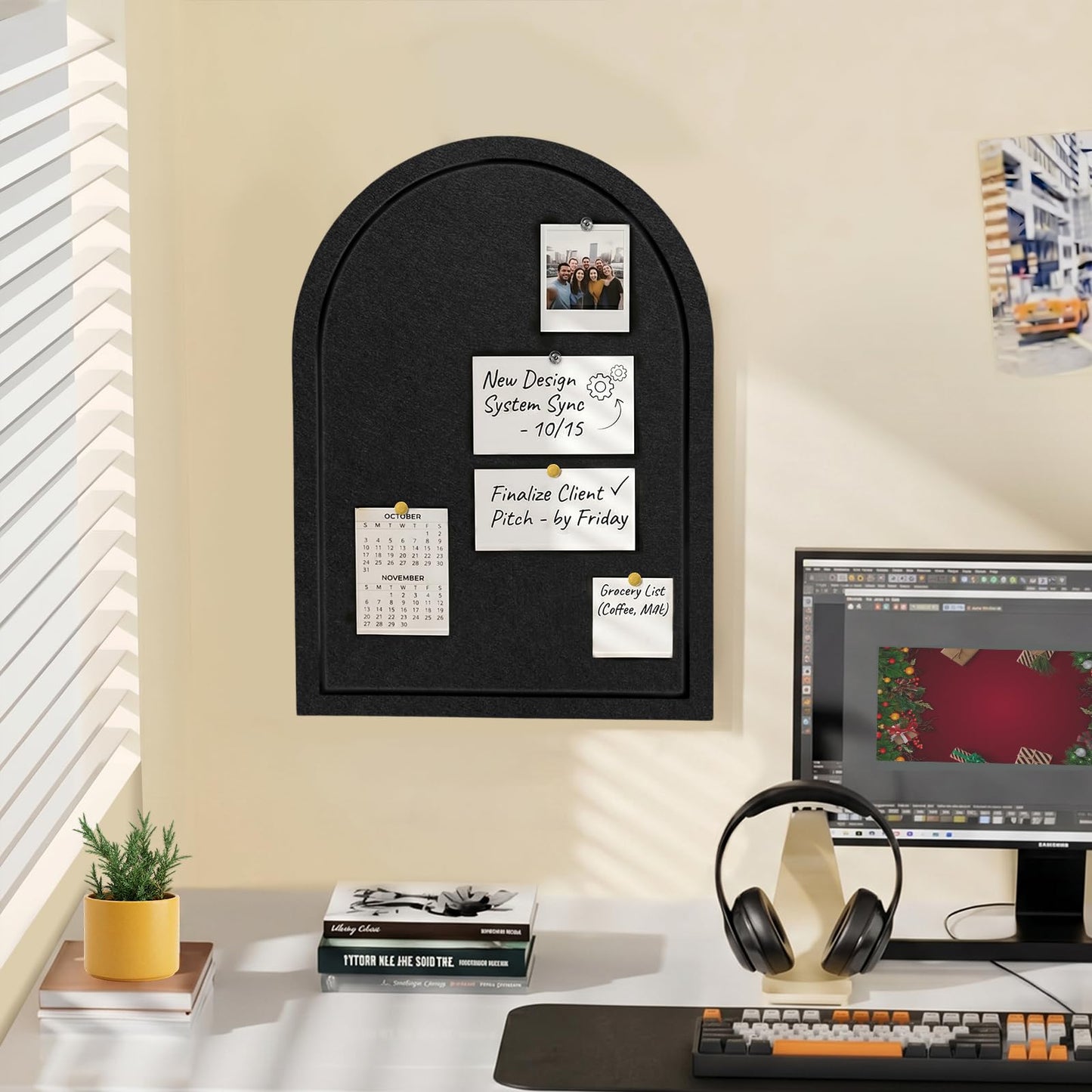 Arched Felt Bulletin Board, Sized 24" x 18" Cork Board Alternative Grooved Edge Foldable for Office & Wall, Customizable Adhesive Tiles with Pins Hooks for Photo Display School Home Office, Black
