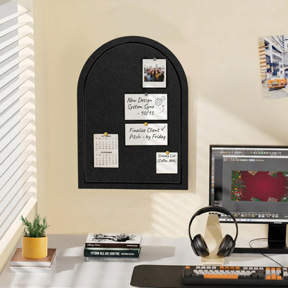 Arched Felt Bulletin Board, Sized 24" x 18" Cork Board Alternative Grooved Edge Foldable for Office & Wall, Customizable Adhesive Tiles with Pins Hooks for Photo Display School Home Office, Black