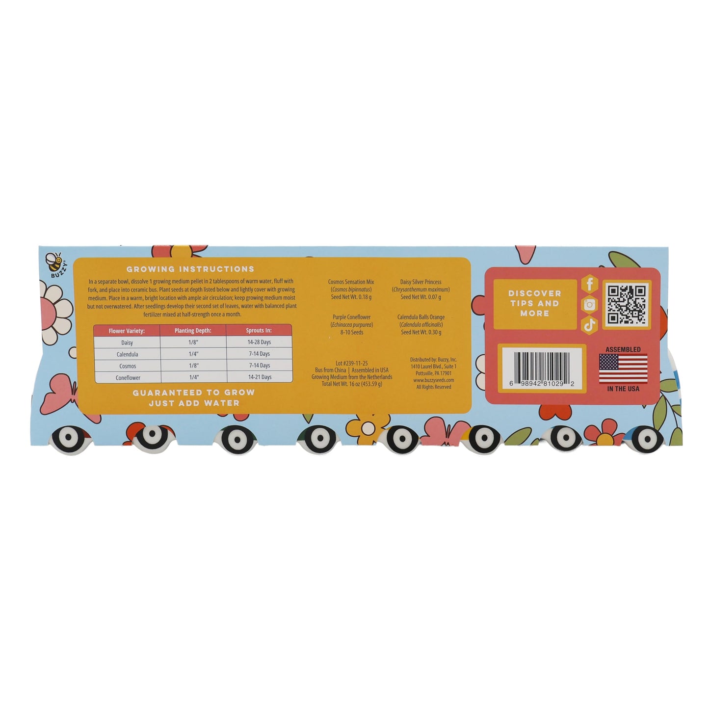 BUZZY Seeds Mini Ceramic Flower Bus Grow Kit, 4-Pack – Colorful Retro Bus Planters with Daisy, Cosmos, Calendula & Coneflower Seeds, All-in-One Seed Starter Gift Set