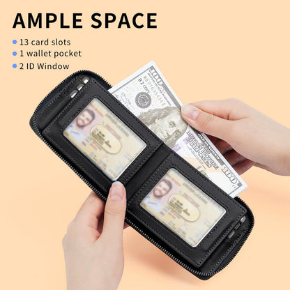 LATKWO Men’s RFID Blocking Zipper AirTag Wallet with 2 ID Windows - Large Capacity Design, 13 Credit Card Slots |Durable Men’s Accessories Secure Holder for Apple Air Tag (Black)