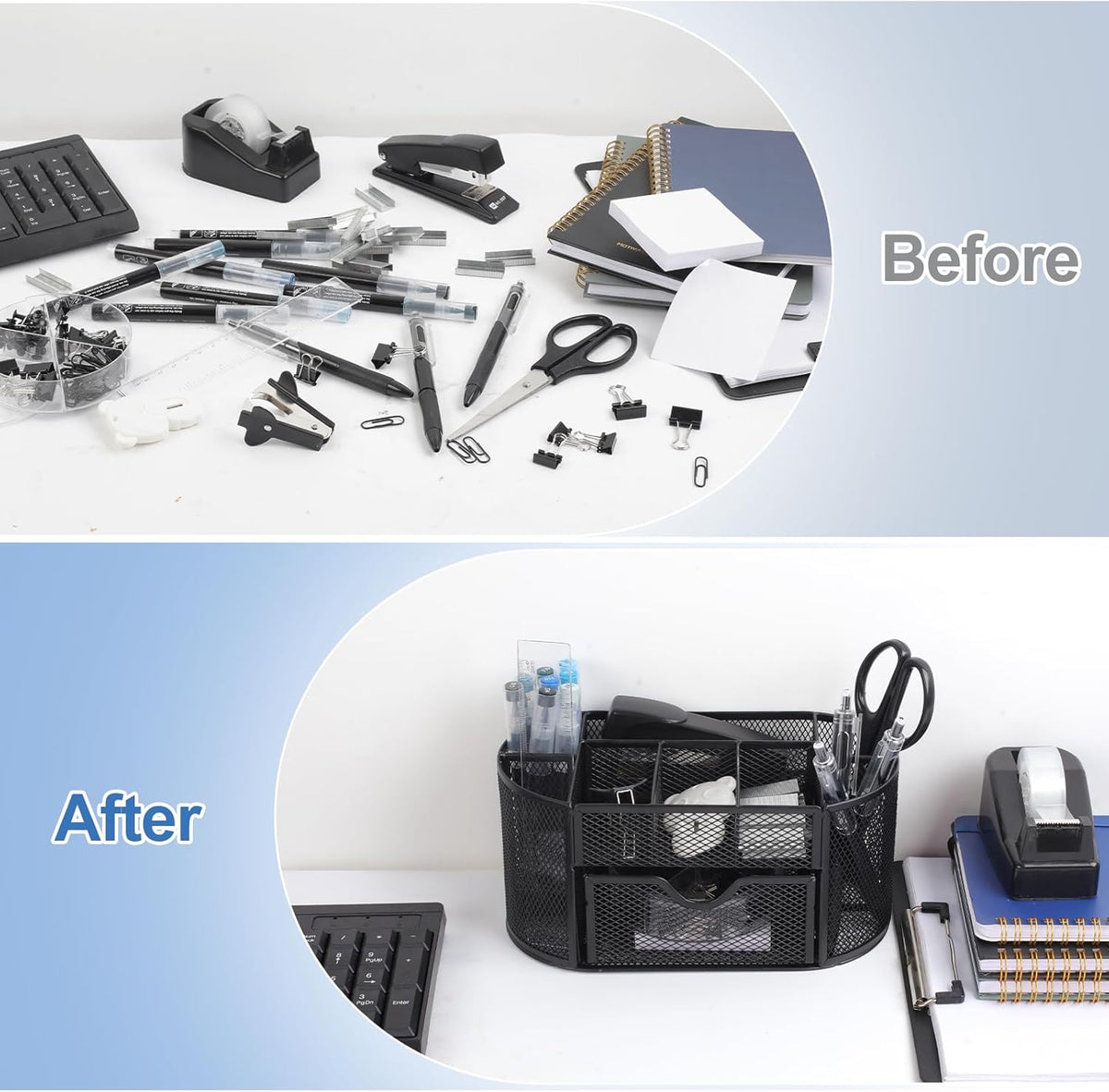 Office Supplies for Desk,14pcs Black Desk Sets and Accessories, Office Supply Kit with Mesh Desktop Organizer and Stapler,Staple Remover, Staples,Tape Dispenser,Sticky Tabs,Scissors, Ruler