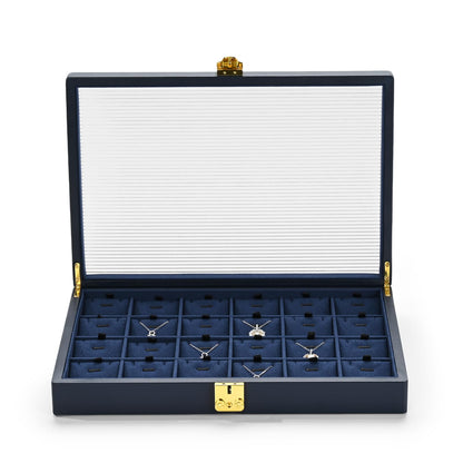 Oirlv Blue Leather Jewelry Organizer Jewelry Tray with Lid Jewelry Organizers and Storage for Drawers Stackable Jewelry Trays Necklace Organizer Hoder for Women Jewelry Organizer with Lock (24 Grid)
