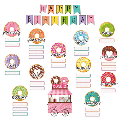 JarThenaAMCS 62 Pcs Donut Cut-Outs with Glue Points Happy Birthday Cutouts Sweet Donut Time Paper Cutting for Party Supplies Classroom Back to School Bedroom Bulletin Board Decor
