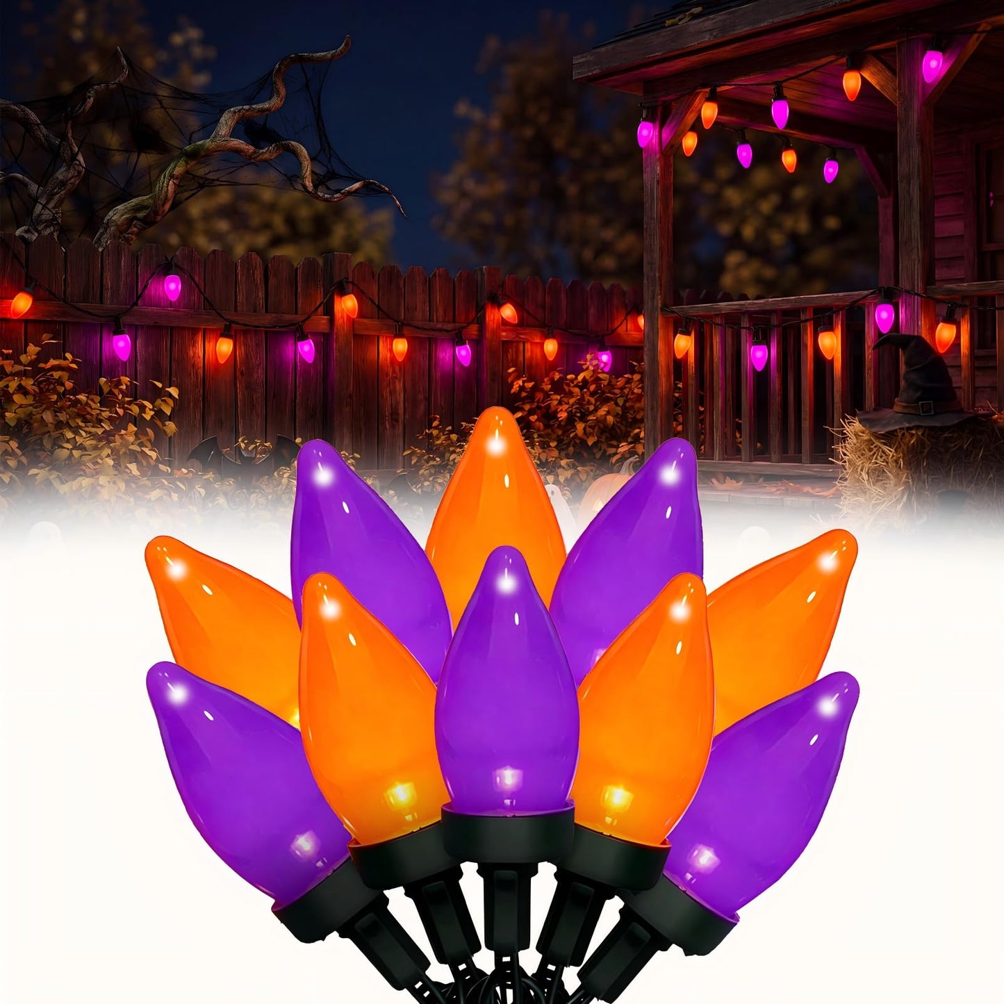 Romasaty Purple and Orange Halloween Lights, 26FT 50 Count Halloween C7 LED String Lights for Indoor/Outdoor Use, Purple Orange Lights for Patio Home Party Garden Yard-Black Wire