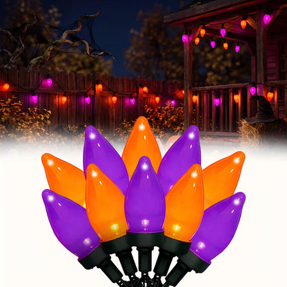 Romasaty Purple and Orange Halloween Lights, 26FT 50 Count Halloween C7 LED String Lights for Indoor/Outdoor Use, Purple Orange Lights for Patio Home Party Garden Yard-Black Wire