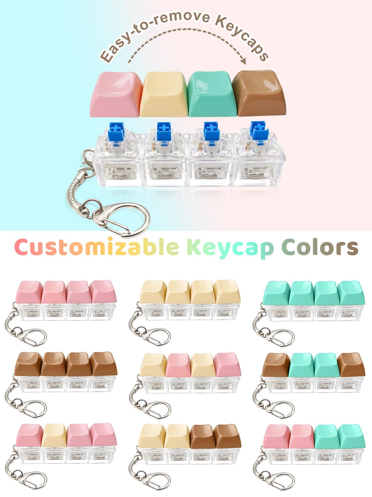 10PCS Light Up Keyboard Fidget Toy, 4-Key LED Keyboard Fidget Clicker Keychain with RGB Lights, Portable Mechanical-Style Sensory Desk Toy for Adults and Teens