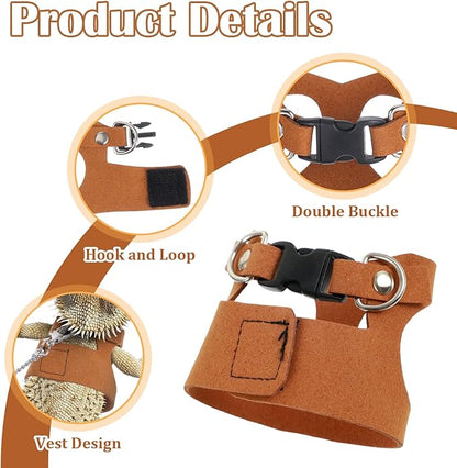 4 PCS Harness and Leash Set, Adjustable Soft Leather Bearded Dragon Leash and Harness Set for Small Animals, Reptiles, Squirrels, Rats (Brown, Black, Silver)