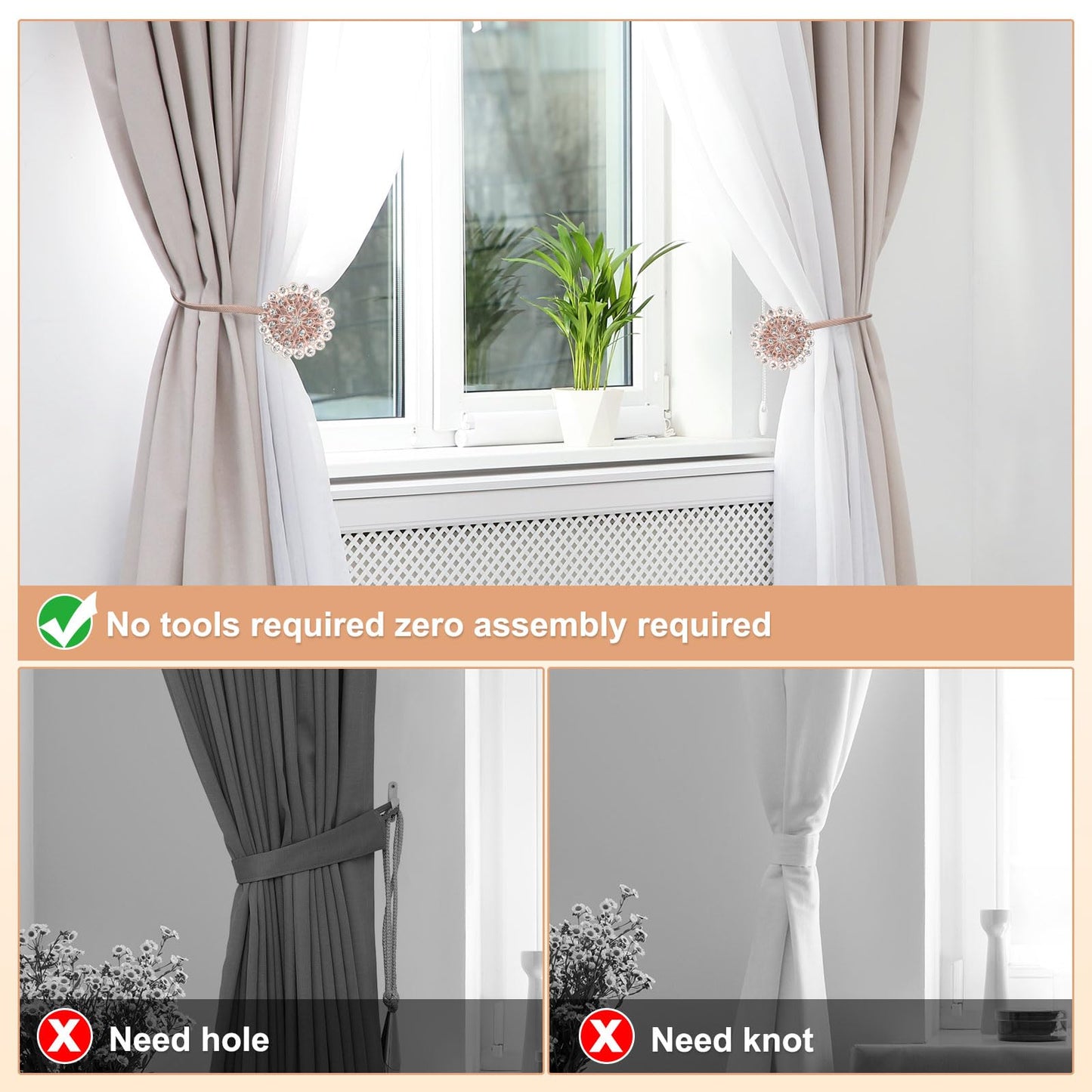 PATIKIL Magnetic Curtain Tie Backs, 2 Pack Sparkling Crystal Flower Curtain Tiebacks Drapery Holdbacks Buckle for Home Office Cafe Balcony, Black