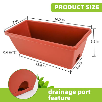 LOCONHA Window Box Planter, Plastic Vegetable Flower Planters Boxes 17 Inches Rectangular Flower Pots with Saucers for Indoor Outdoor Garden, Patio, Home Decor (7, Brick Red)