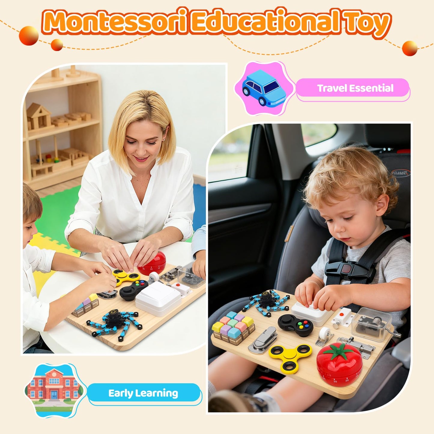 Busy Board Toy for Toddlers, 11 in 1 Wooden Montessori Educational Fidget Sensory Toy for Stress Relief, Activity Board Desk Gadget for Kids Preschool Learning, Car Airplane Travel Birthday Gift 11"