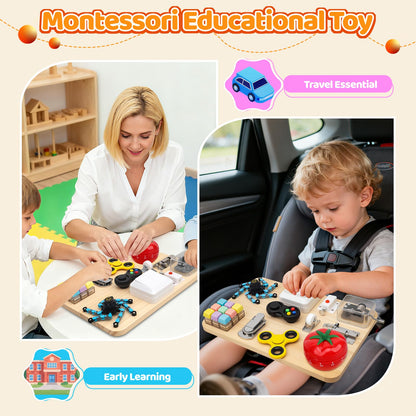 Busy Board Toy for Toddlers, 11 in 1 Wooden Montessori Educational Fidget Sensory Toy for Stress Relief, Activity Board Desk Gadget for Kids Preschool Learning, Car Airplane Travel Birthday Gift 11"