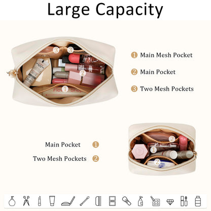 CLOUDWINGS Personalized Birthday Gifts for Women - Initial Makeup Bag Set Travel Toiletry Bag Cosmetic Bags Soft Waterproof PU Leather Makeup Pouch Travel Essentials (C, 2pcs Beige)