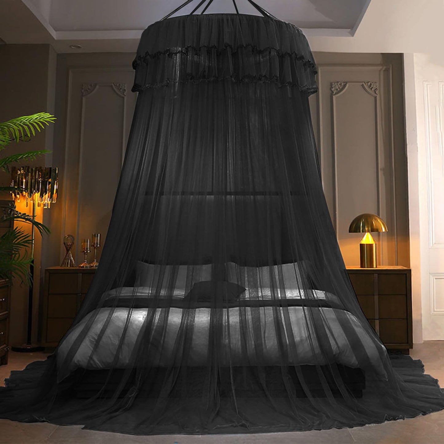 Kertnic Mosquito Net Bed Canopy for Girls, Princess Canopy Bed Curtain Fine Sheer Mesh Dome Bed Canopies, Girls & Adults Lace Tent for Twin Full Queen King Bed (Black)