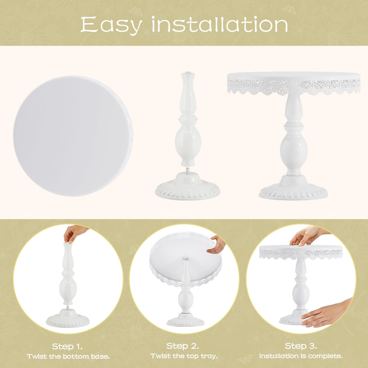 VMFKPNR 3 PCS White Cake Stands (8"&10"&12" Plate), Cupcake Stand with a lace Hollow Border Metal Cake Stand Set for Birthday Party, Wedding, Anniversary, Baby Shower