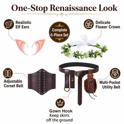 BAROROBA Renaissance Accessories for Women, Medieval Ren Faire Corset Belt Pouch Headpiece Ears Pirate Waist Corset Halloween Viking Cosplay Set