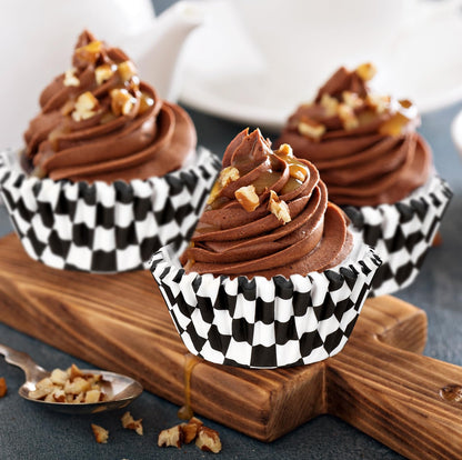 Whaline 300Pcs Checkered Cupcake Liner White Black Baking Cup Checkerboard Muffin Liner Race Car Cake Paper Cup Container for Party DIY Craft, 2x1.2 Inch