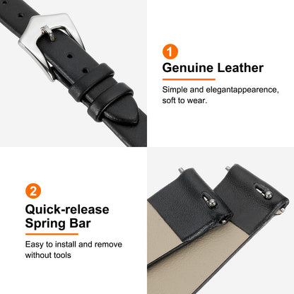 uxcell 12mm Black Genuine Leather Watch Bands, Quick Release Flat Thin Elegant Leather Watch Strap Wristband Replacement Bands with Silver Stainless Steel Buckle for Women