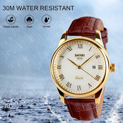 SKMEI Business Men’s Quartz Wristwatches Leather Band Roman Numeral Casual Analog Watches Water Resist (Black+Gold)