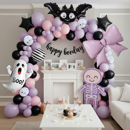 Halloween Little Boo Balloon Arch Kit Pink Purple Balloons with Cute Ghost Balloons Little Boo star bow balloons for Baby Shower Birthday Party Halloween Party Decoration