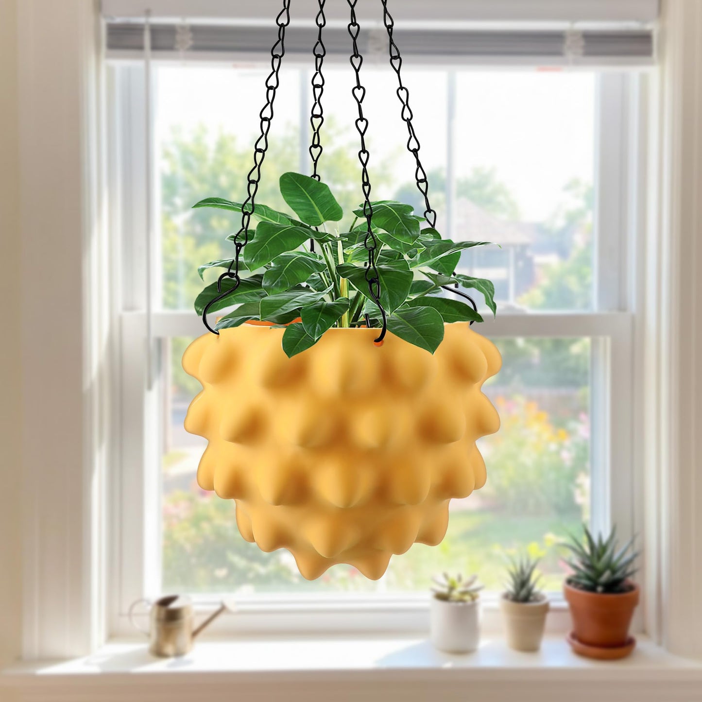 Enhon 6 Inch Hanging Planters for Indoor Plants, Unique Hanging Pots for Plants with Drainage and Hanger Baskets Hangers, Spiked Orb Plant Hanger, Matte Mustard Yellow