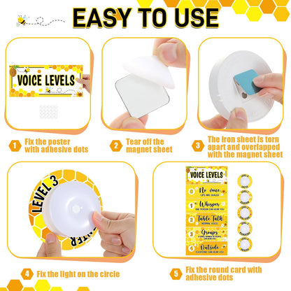 5 Pcs School Push Light and Voice Level Poster Voice Level Chart Monitor Rules Sign LED Tap Light Classroom Rules Poster Noise Chart Classroom Management Tools for Teachers Back to School（Bee Style）