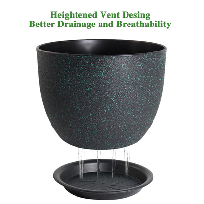 UOUZ 12/10/9 Large Modern Plant Pots, Plastic Planters with Drainage Holes and Saucers for Indoor Outdoor Plants Flowers, Black with Green Speckles