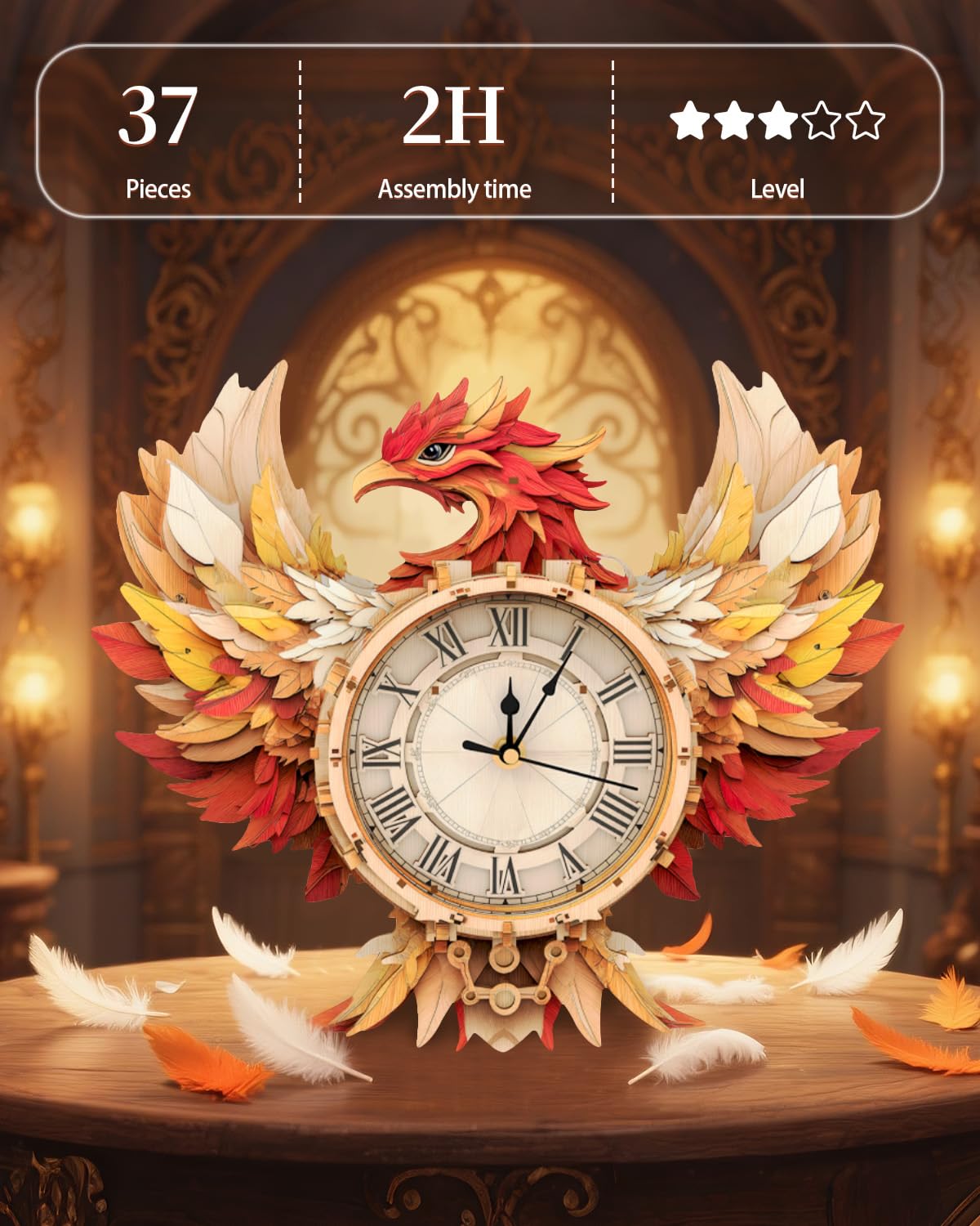 Rnfinewow 3D Wooden Puzzles for Adults, 3D Puzzle Phoenix Clock (with Pendulum), 3D Puzzles for Adults Teens Home Decor Clock Crafts for Adult Puzzle Gifts for Adult