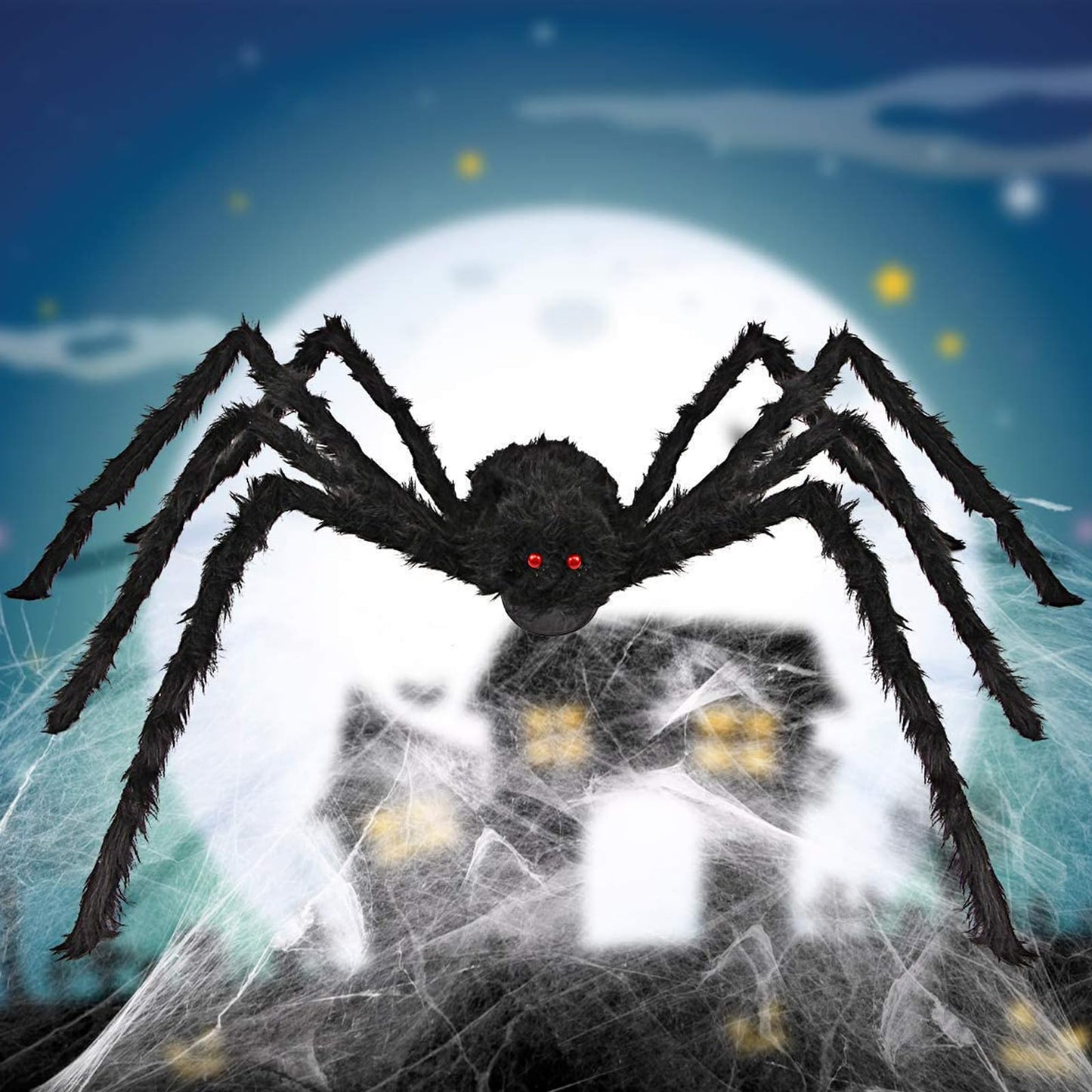 JAMIEWIN Giant Spider for Halloween Decoration 2 Pack, 55 inch Large Hairy Fake Spider Props, Scary Halloween Spider Decoration Outdoor Indoor House Party Yard
