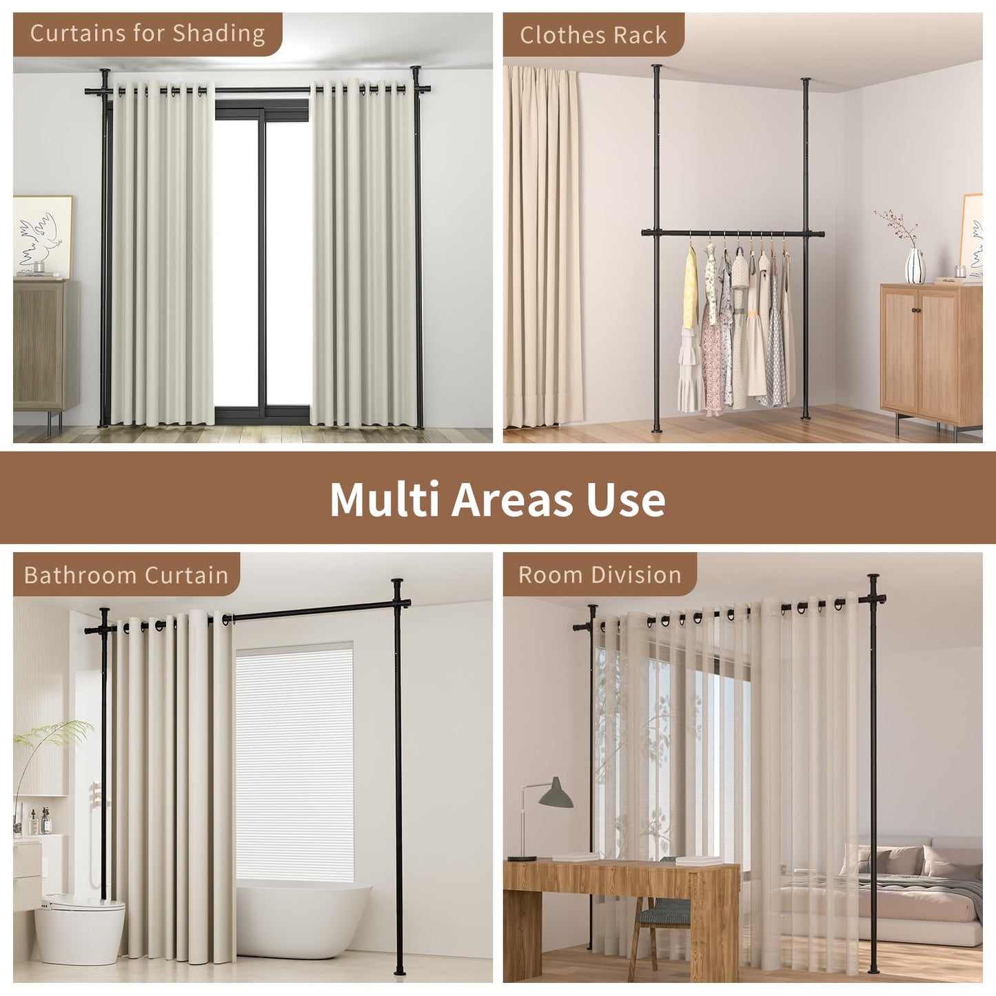 Room Divider Curtain Rod, No Drilling Room Separator for Space Partition Adjustable 4-10ft(H) 28-70inch(W) Heavy Duty Temporary Wall Divider Floor to Ceiling Tension Rod, Black