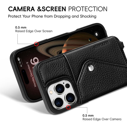 LUCKYCOIN Crossbody Phone Case for iPhone 16 Pro,100% Genuine Leather Phone Wallet Case for Women, Premium Hands-Free Phone Purse with Expandable Flip Card Holder & Adjustable Strap - Pebble Black