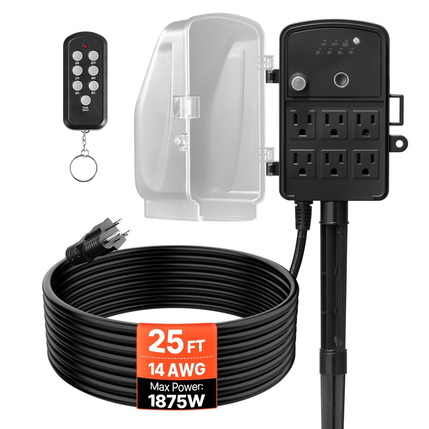 VEVOR Outdoor Power Stake Timer, 25FT Extension Cord, Remote Control Outdoor Power Strip with Cover, Dusk to Dawn Light Timer Waterproof, 6 Outlets for Halloween Christmas Lights, Garden Decorations