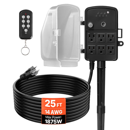 VEVOR Outdoor Power Stake Timer, 25FT Extension Cord, Remote Control Outdoor Power Strip with Cover, Dusk to Dawn Light Timer Waterproof, 6 Outlets for Halloween Christmas Lights, Garden Decorations