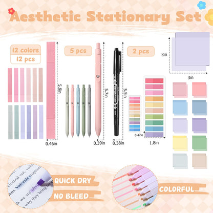 KOUDGY 49Pcs Book Annotation Kit - Aesthetic School Supplies with Cute Pen Case Highlighters Gel Pens and Marker, Sheets Transparent Index Tabs Sticky Notes Bible Study Supplies (Pink)