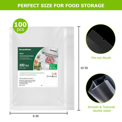 Bonsenkitchen Precut Vacuum Sealer Bags 200 Quart 8" x 12", BPA Free, Commercial Grade Textured Food Vacuum Sealer Bag, Thick Embossed Bags for Storage and Sous Vide Cooking VB3208