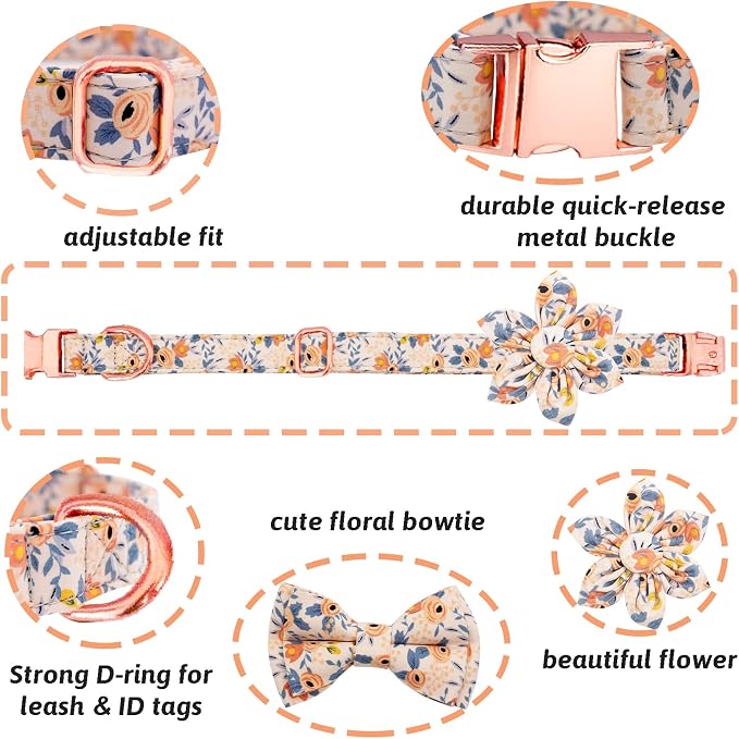 Dog Collar and Leash Set Girls Adjustable Puppy Collars with Floral Bow Tie for Small Medium Large Female Dogs, Orange Flower, M