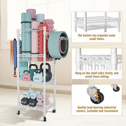 FUTASSI Home Gym Storage, 3 Tiers Workout Equipment Organizer with Wheels for Yoga Mats, Foam Roller, Dumbbells, Kettlebells, and Resistance Bands